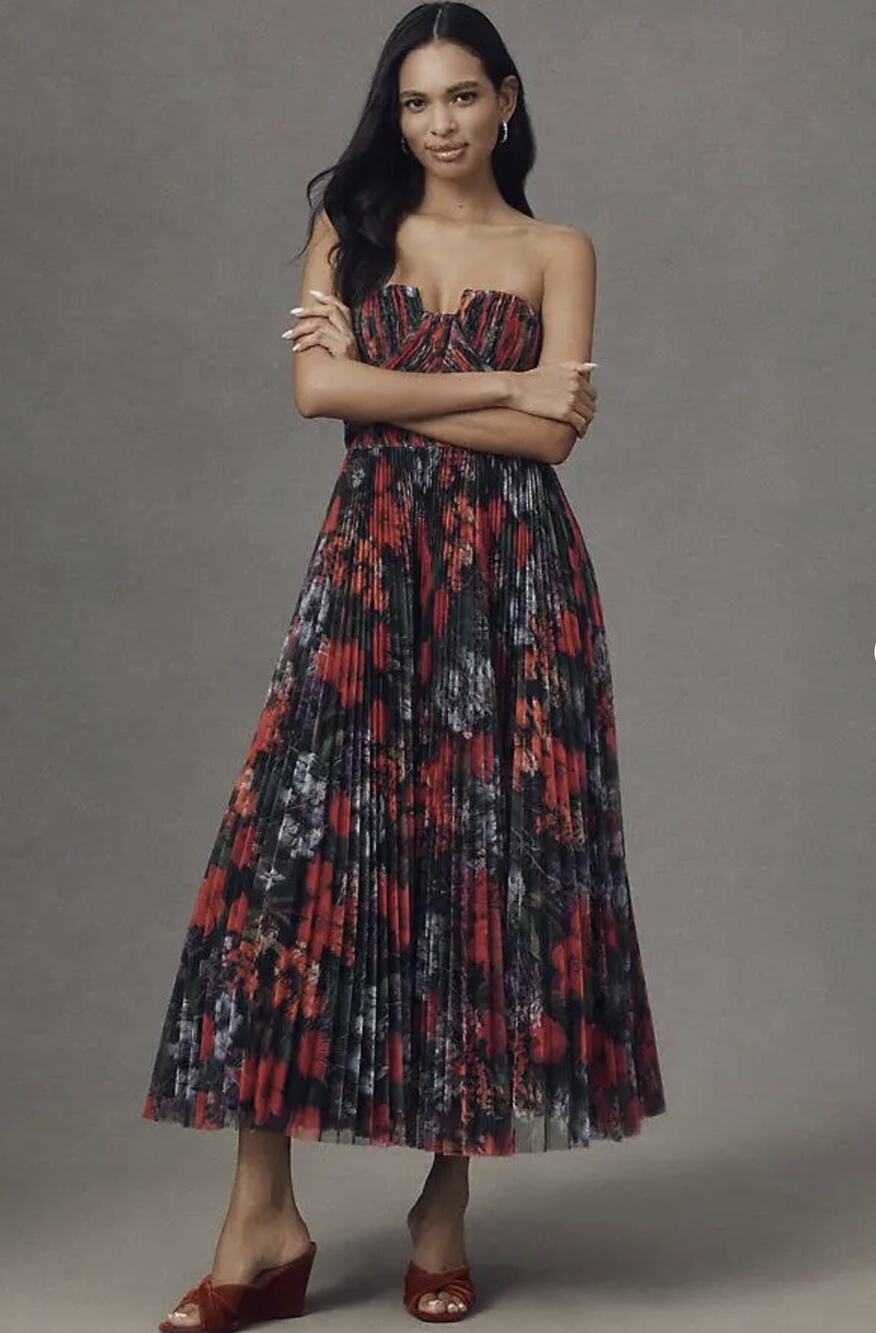 NWT HUTCH Corene strapless floral tulle a-line midi dress